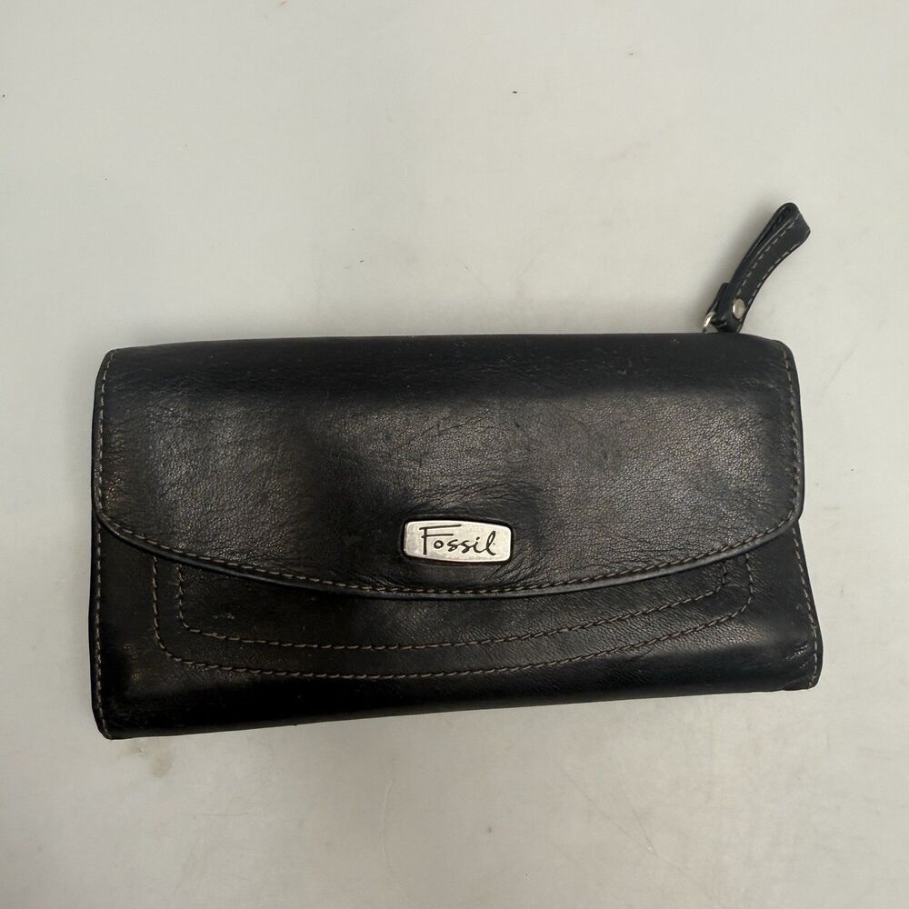 Fossil Black Leather Long Checkbook Card Holder Organizer Wallet Billfold - Picture 2 of 16